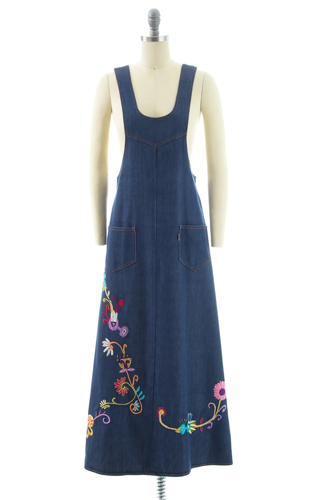 1970s Levi's Embroidered Denim Overalls Dress | x-small
