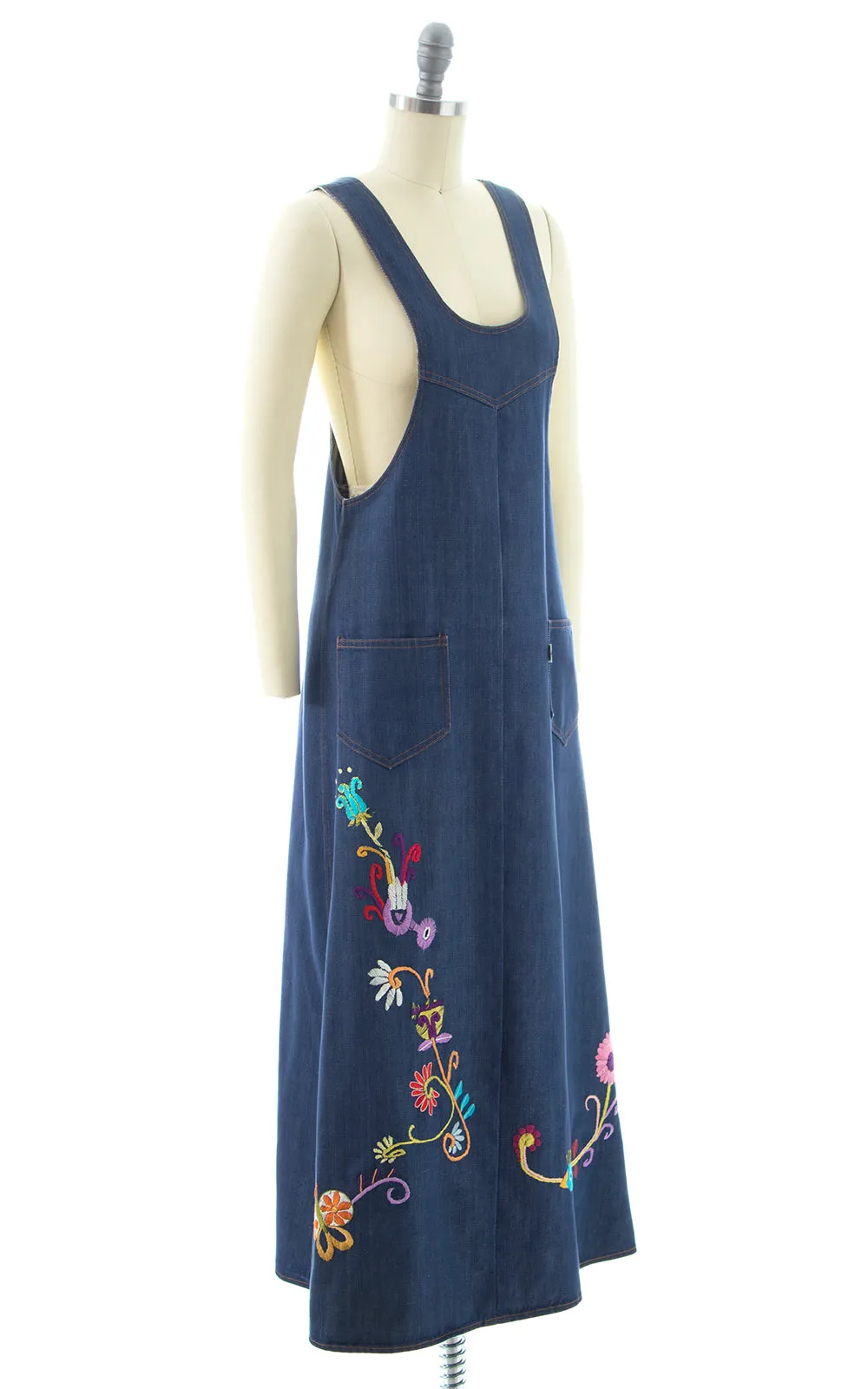 1970s Levi's Embroidered Denim Overalls Dress | x-small
