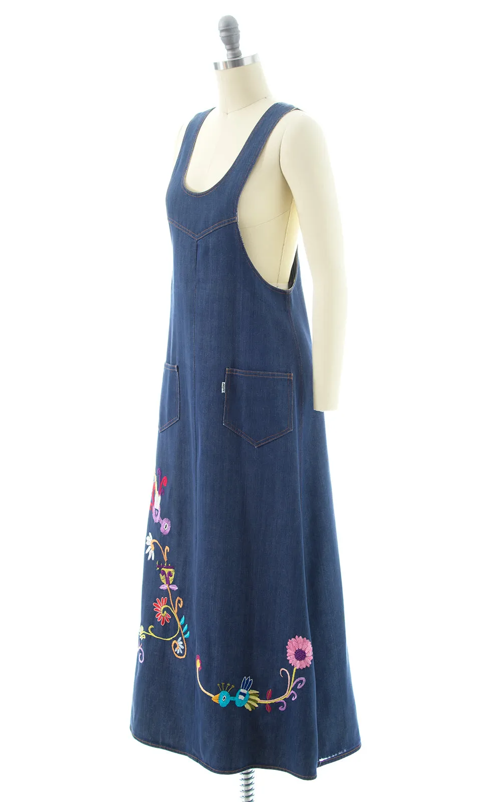 1970s Levi's Embroidered Denim Overalls Dress | x-small