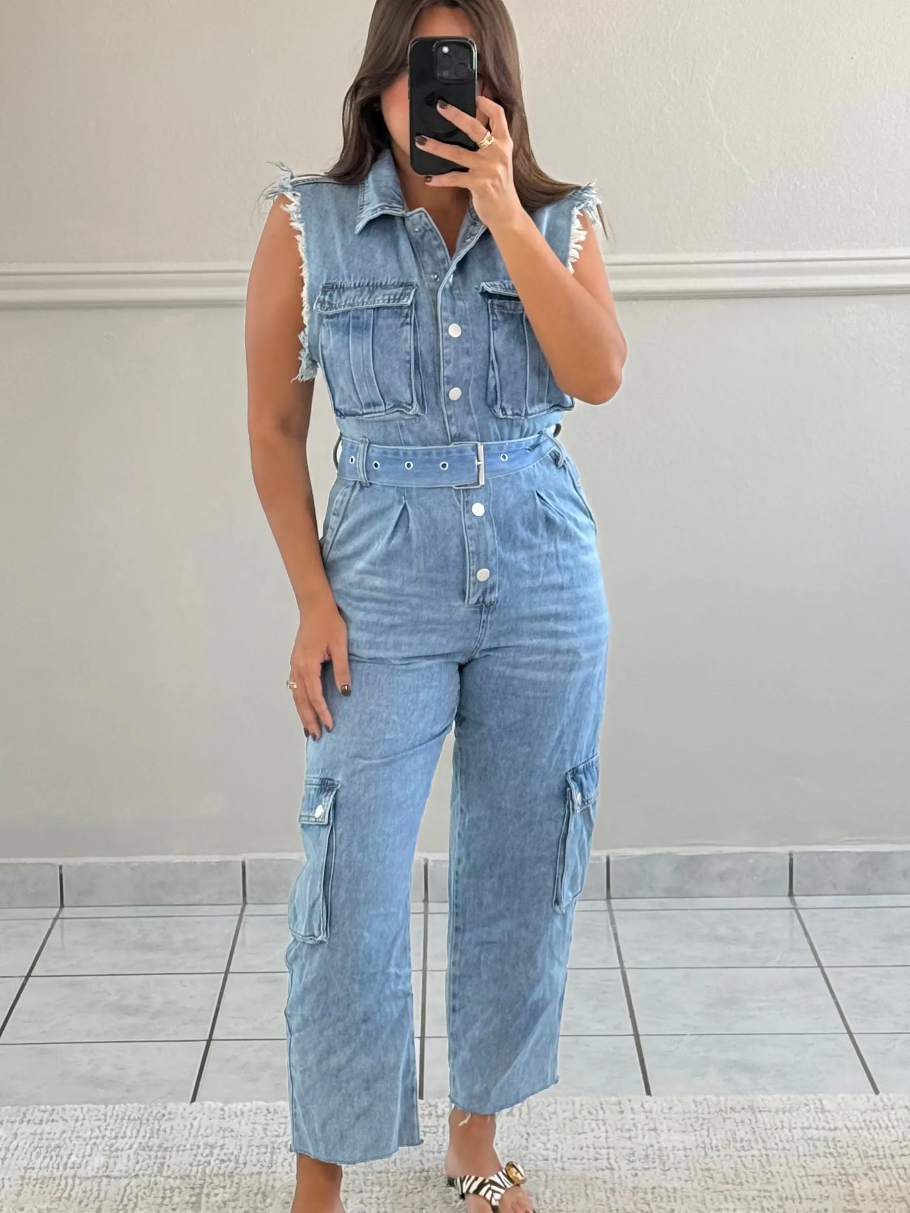 Belted Denim Cargo Overalls