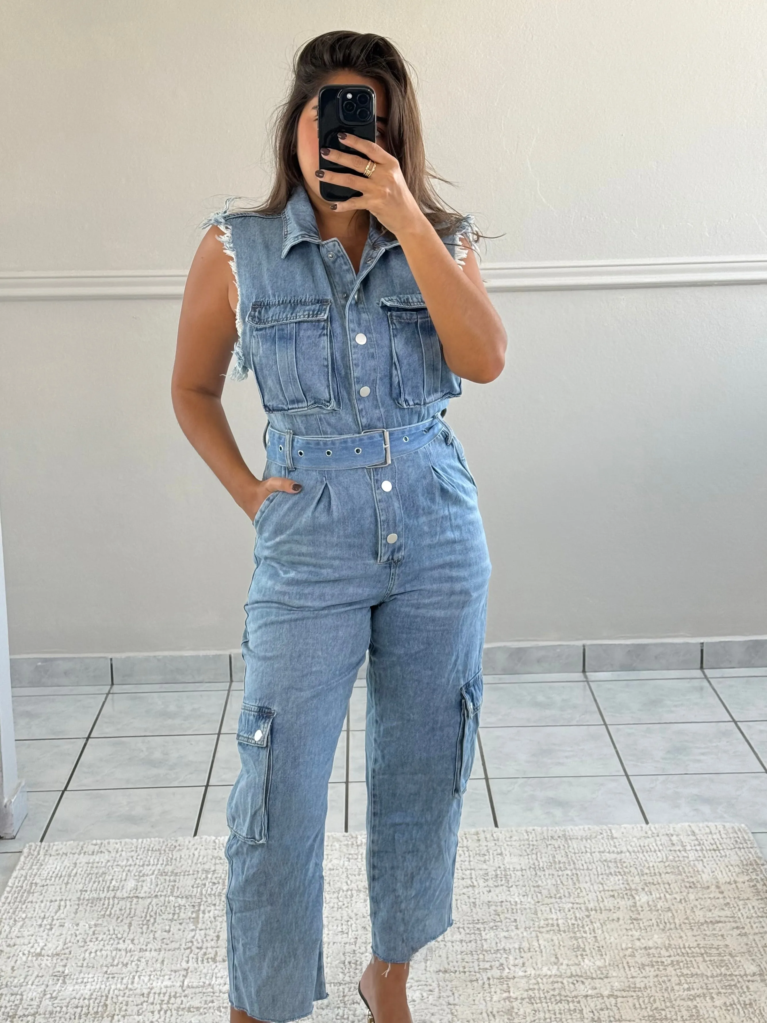 Belted Denim Cargo Overalls