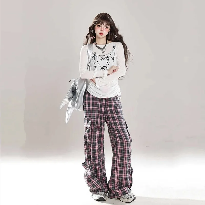 BF Style Pink Plaid Straight Overalls