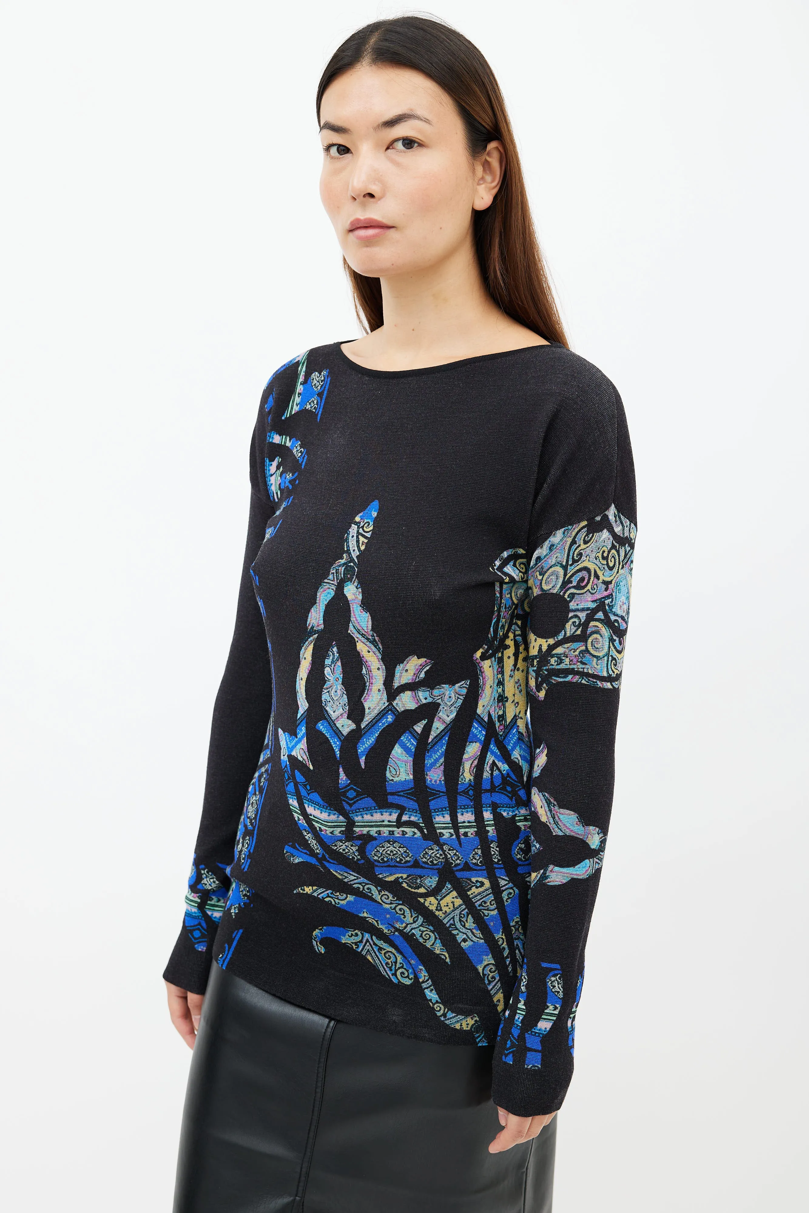Black & Multi Print Crew Neck Sweater