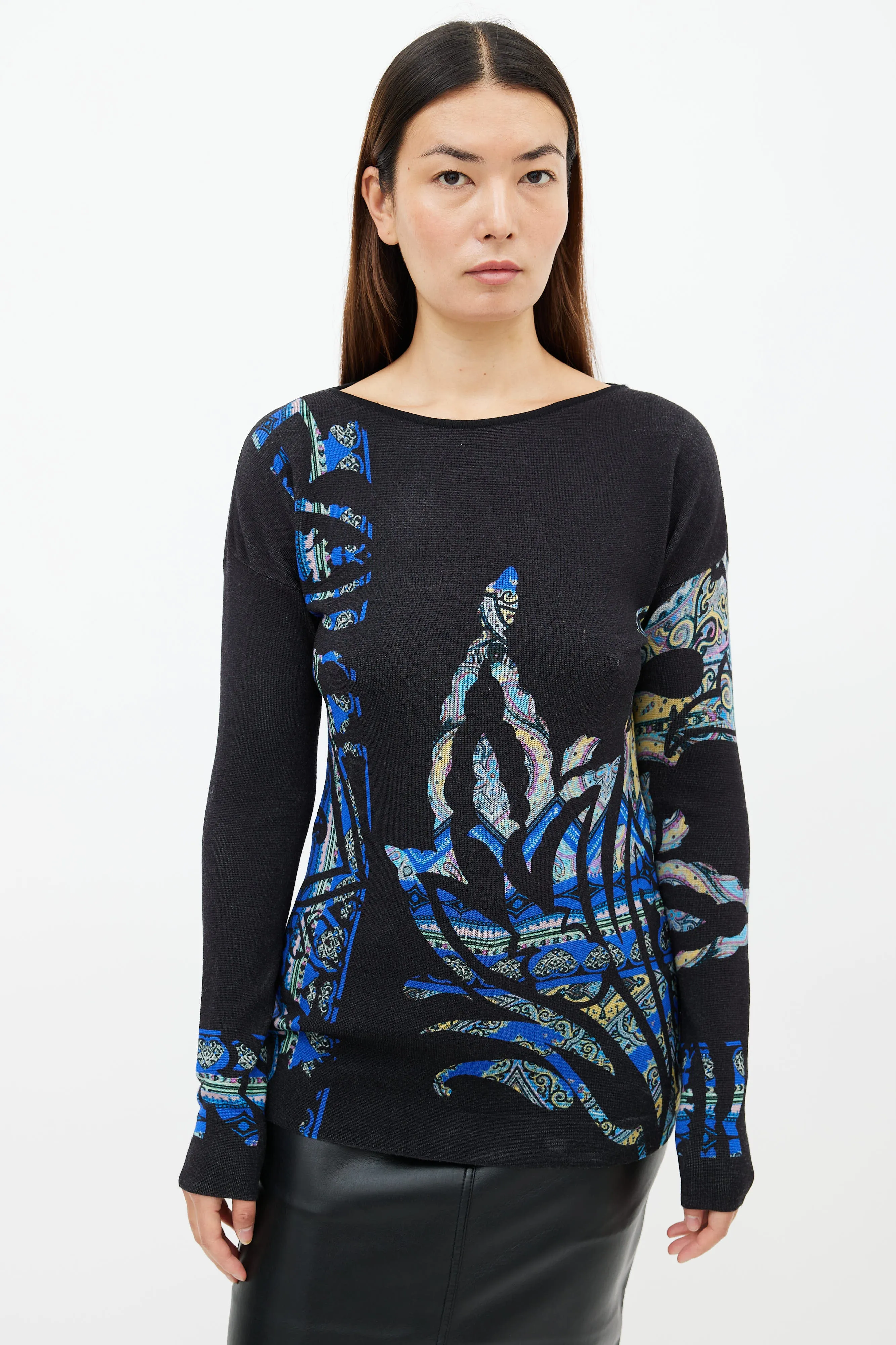 Black & Multi Print Crew Neck Sweater