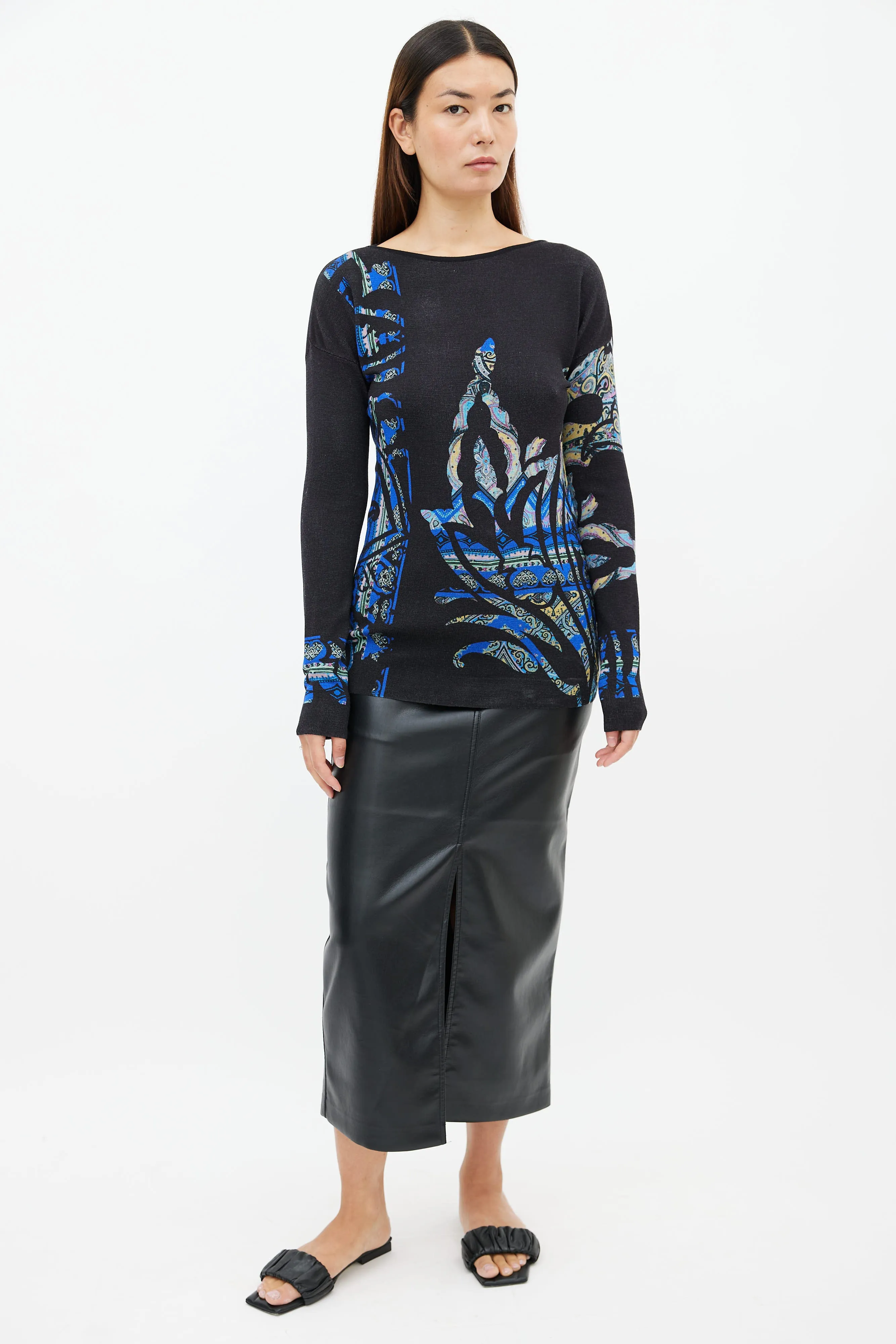 Black & Multi Print Crew Neck Sweater