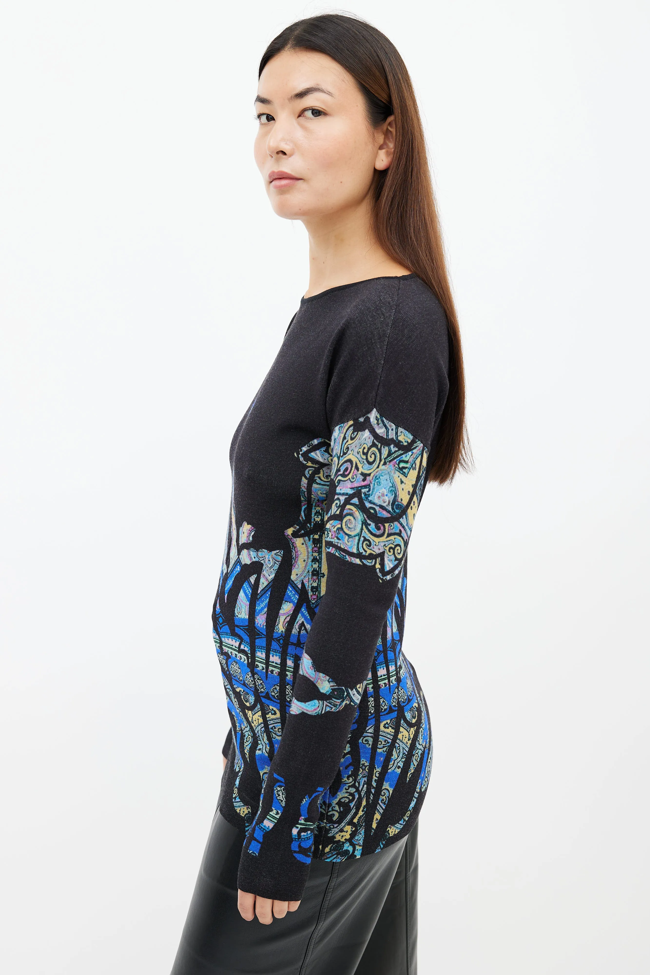 Black & Multi Print Crew Neck Sweater