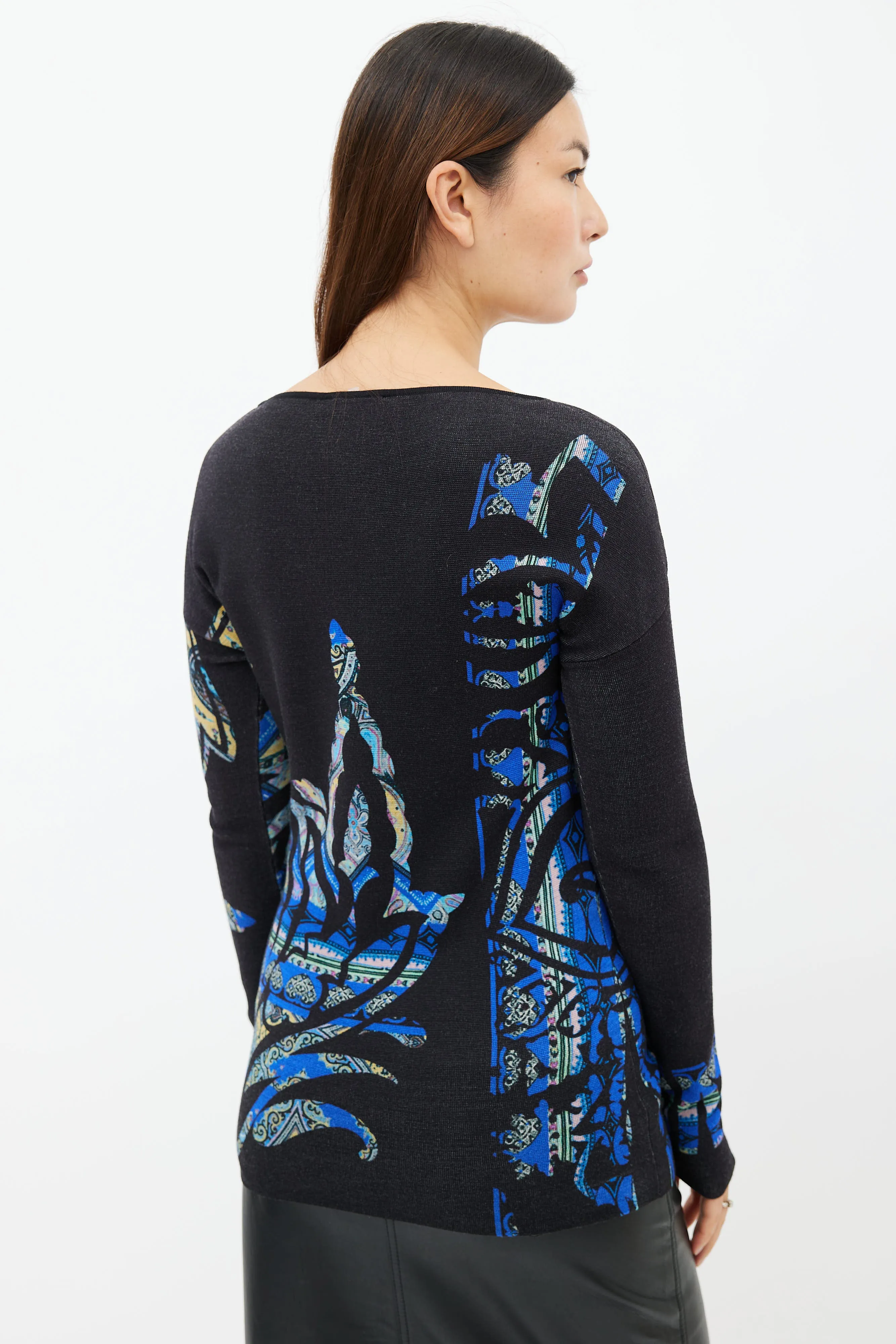 Black & Multi Print Crew Neck Sweater