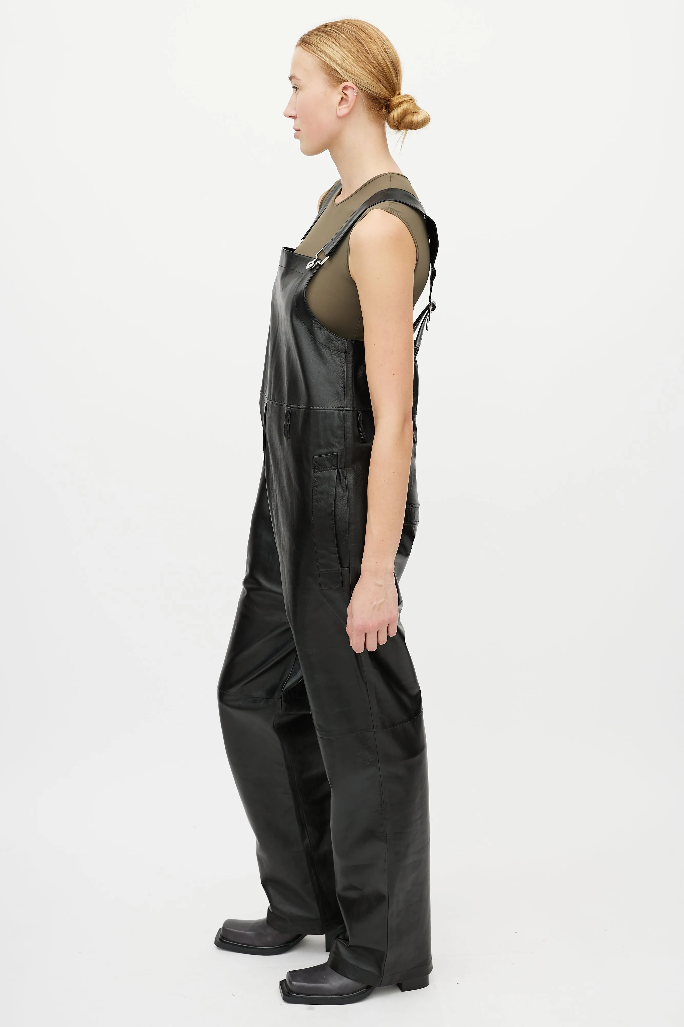 Black Leather Pongee Overalls