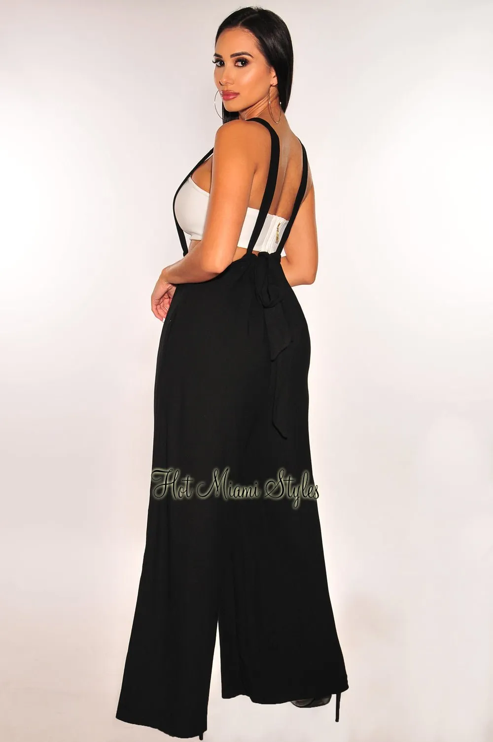 Black Ribbed Tie Up Drawstring Flare Suspender Overall Pants
