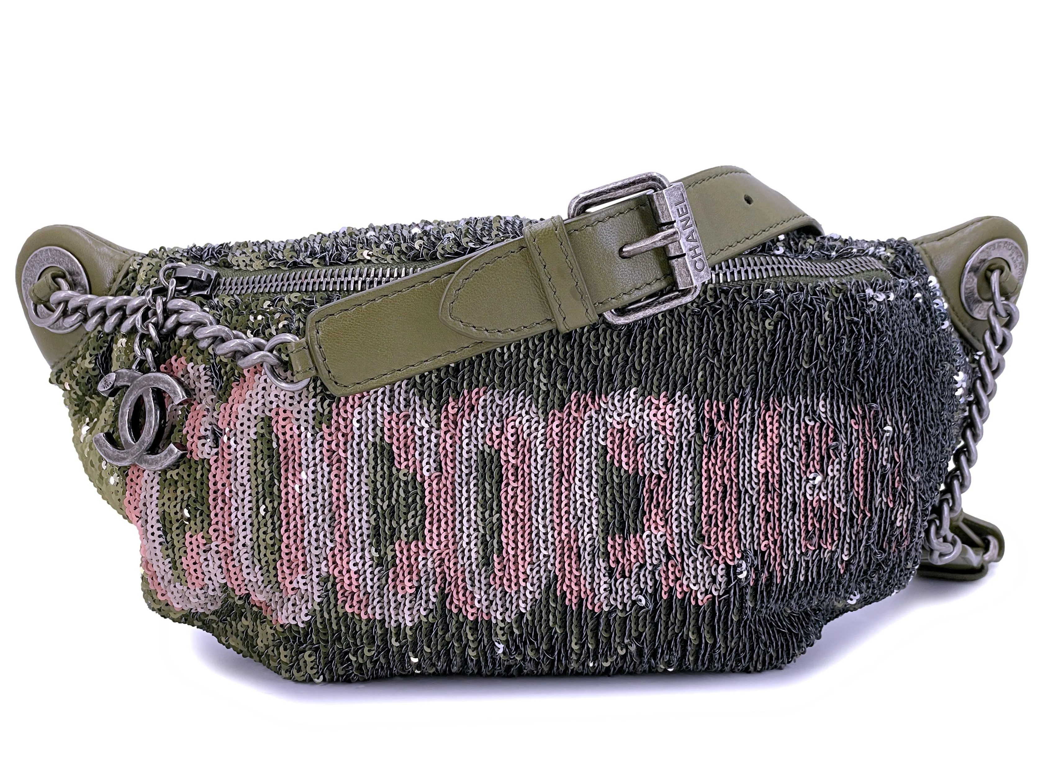 Chanel 17C Green Pink Sequin Coco Cuba Fanny Pack Belt Bum Bag