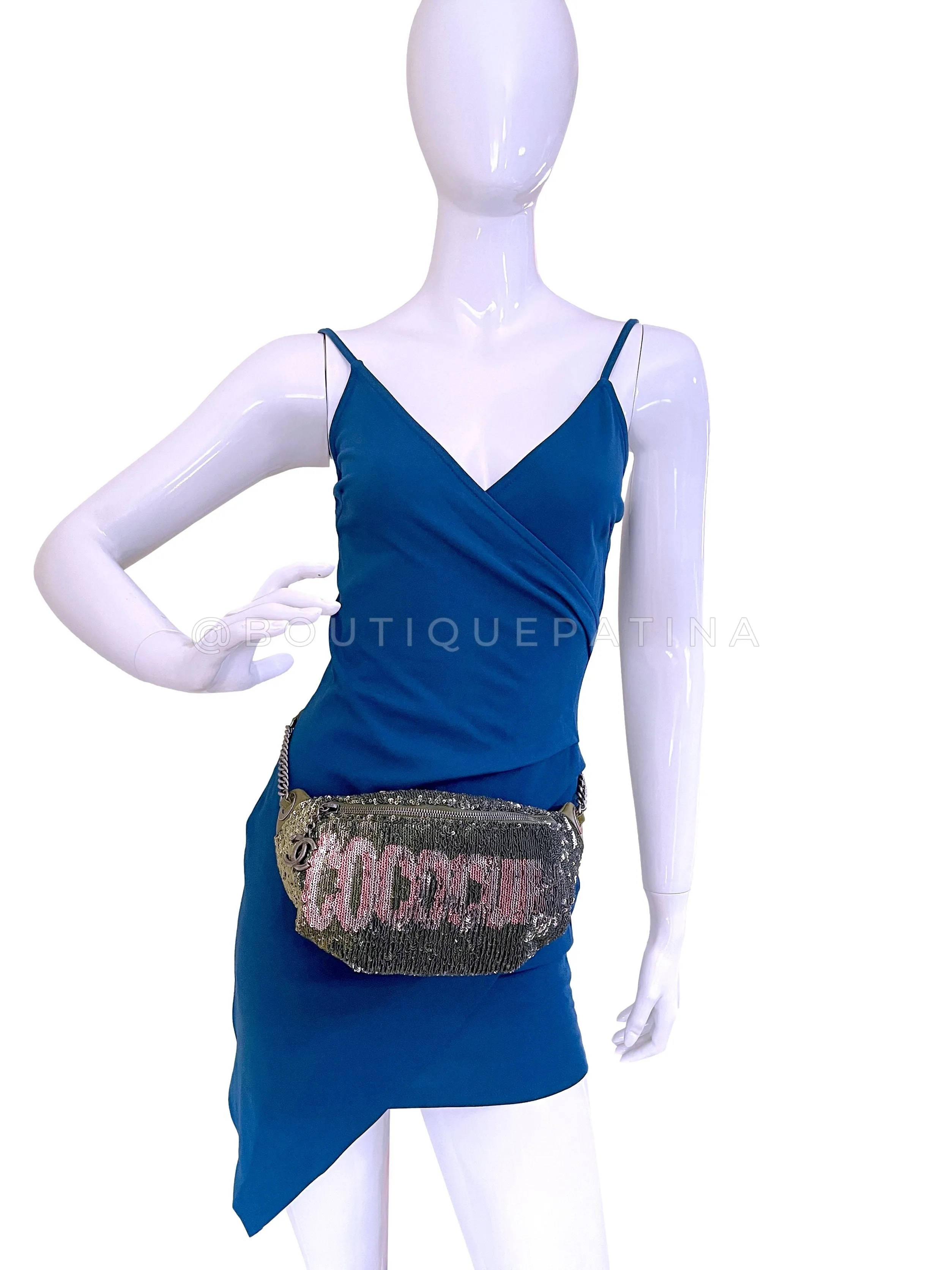 Chanel 17C Green Pink Sequin Coco Cuba Fanny Pack Belt Bum Bag