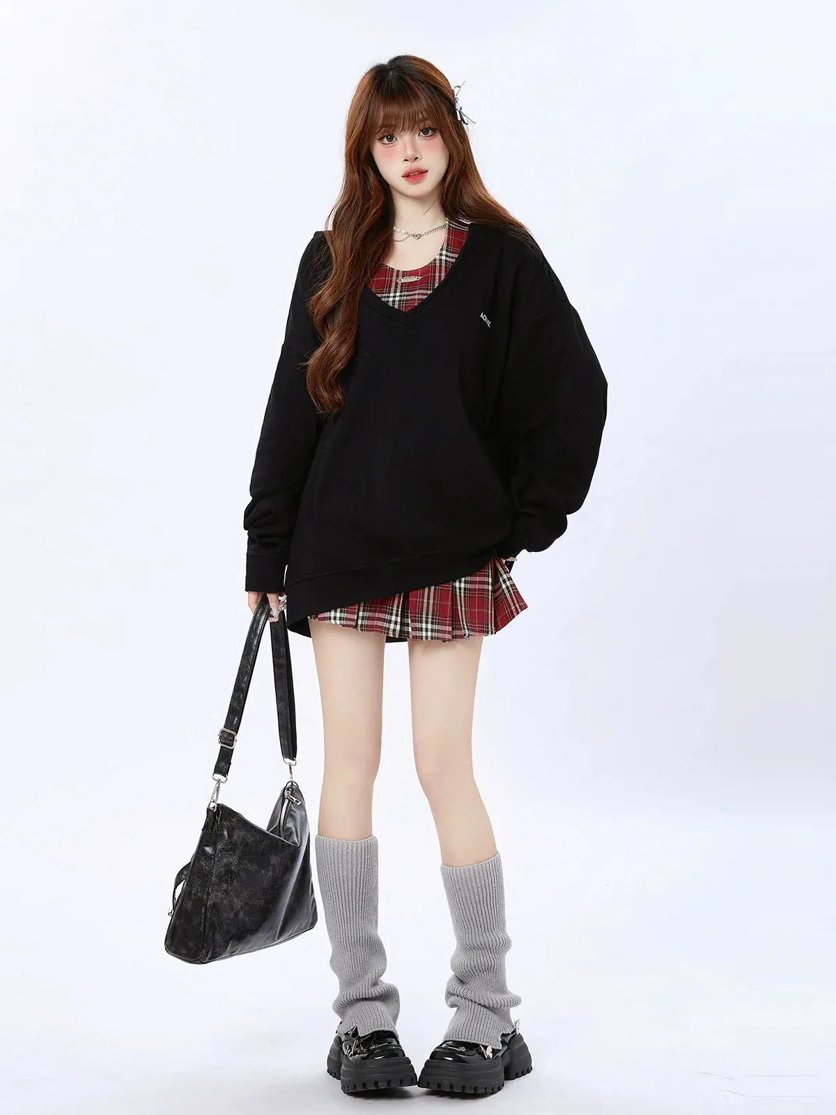 Check Two Top Loose Hooded Piece