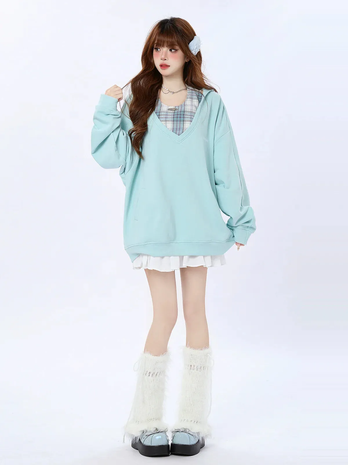 Check Two Top Loose Hooded Piece