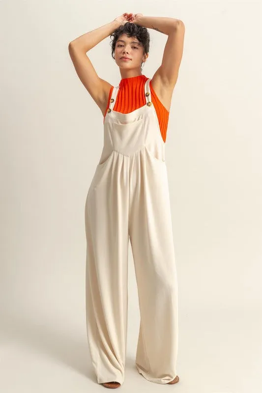 Cream Pleated Wide Strap Overalls