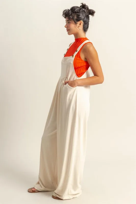 Cream Pleated Wide Strap Overalls