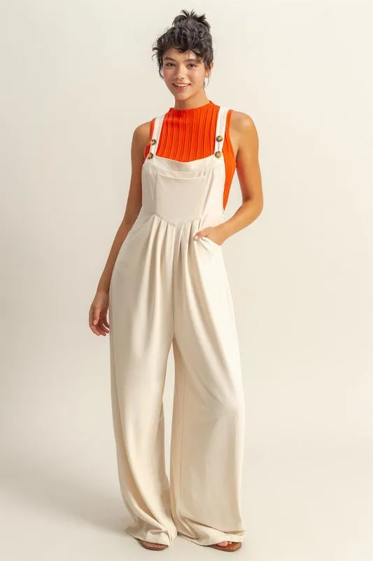 Cream Pleated Wide Strap Overalls