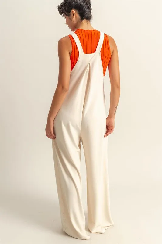 Cream Pleated Wide Strap Overalls