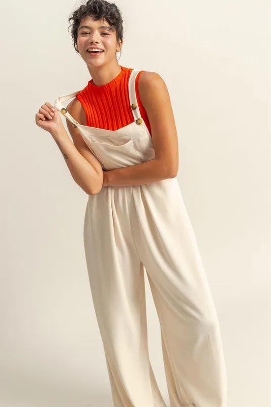 Cream Pleated Wide Strap Overalls