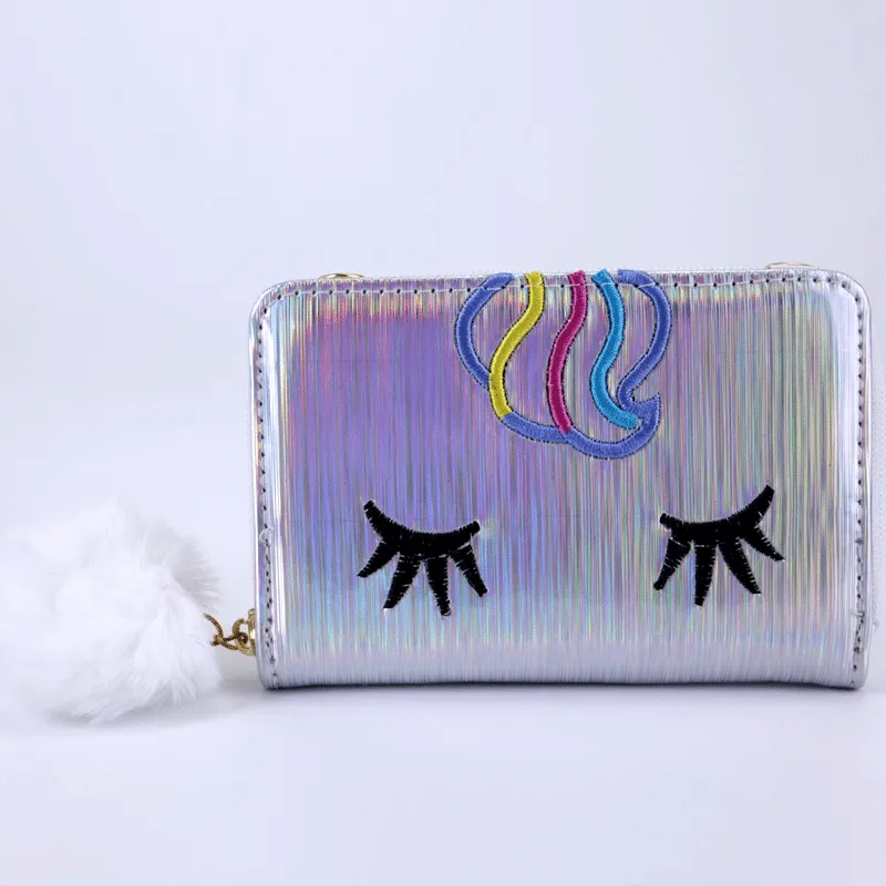 Girls Holographic Unicorn Wallet Women Kids Coin Purses Chain Shoulder Bag #111