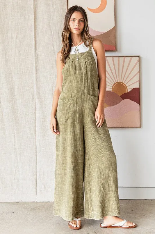 Green Textured Cotton Gauze Wide Leg Overalls – Relaxed Fit Jumpsuit
