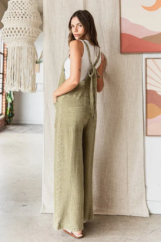 Green Textured Cotton Gauze Wide Leg Overalls – Relaxed Fit Jumpsuit