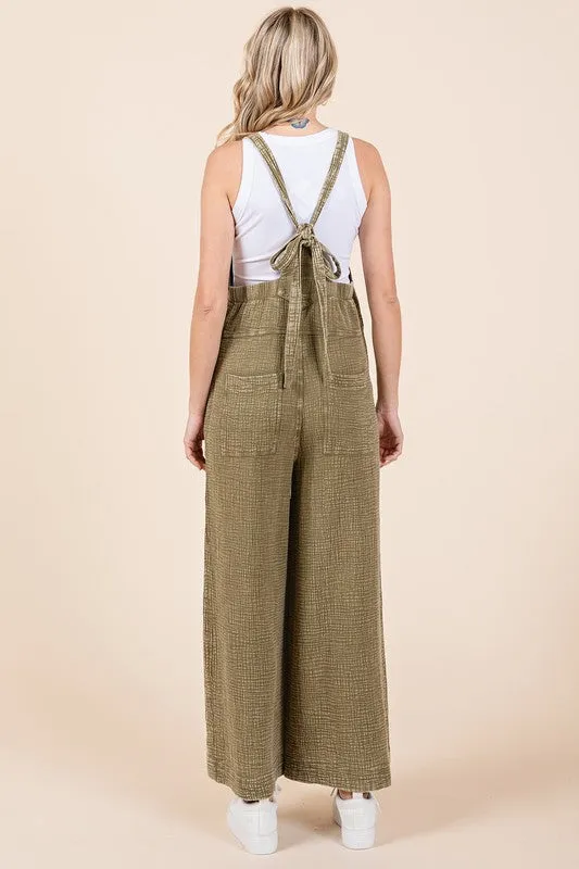 Green Textured Cotton Gauze Wide Leg Overalls – Relaxed Fit Jumpsuit