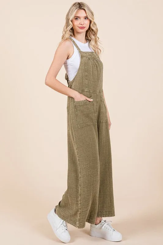 Green Textured Cotton Gauze Wide Leg Overalls – Relaxed Fit Jumpsuit