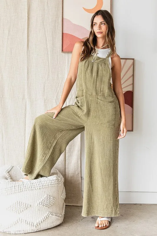 Green Textured Cotton Gauze Wide Leg Overalls – Relaxed Fit Jumpsuit
