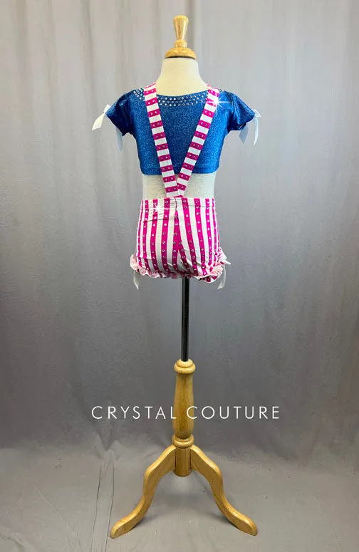 Hot Pink and White Striped Overalls With Denim Look Lycra Top With Rhinestones
