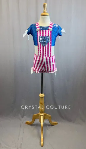 Hot Pink and White Striped Overalls With Denim Look Lycra Top With Rhinestones