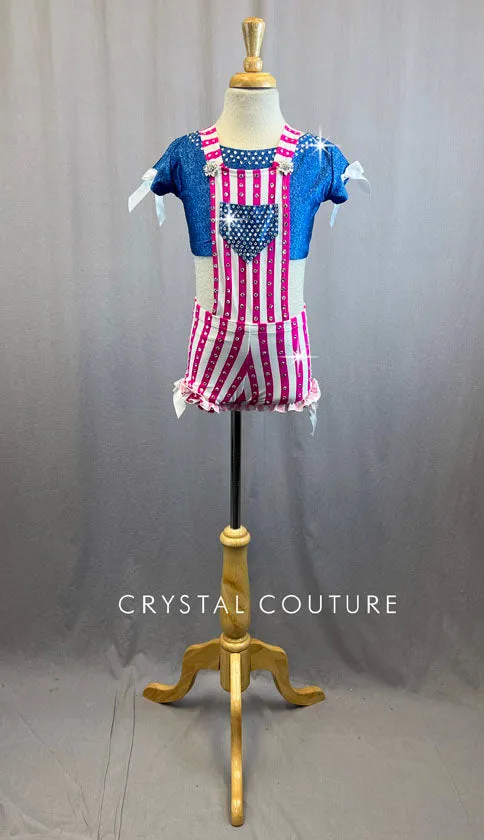 Hot Pink and White Striped Overalls With Denim Look Lycra Top With Rhinestones