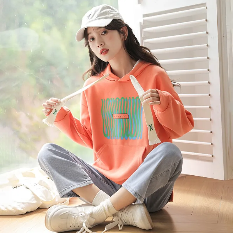 Korean Loose Printing Short Hooded Sweater
