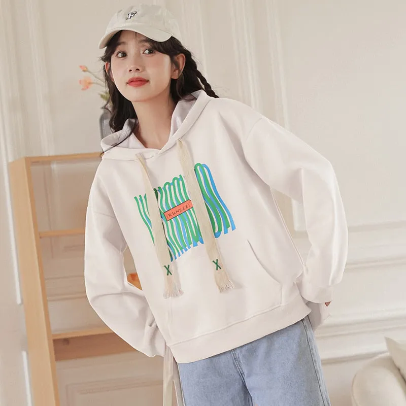 Korean Loose Printing Short Hooded Sweater