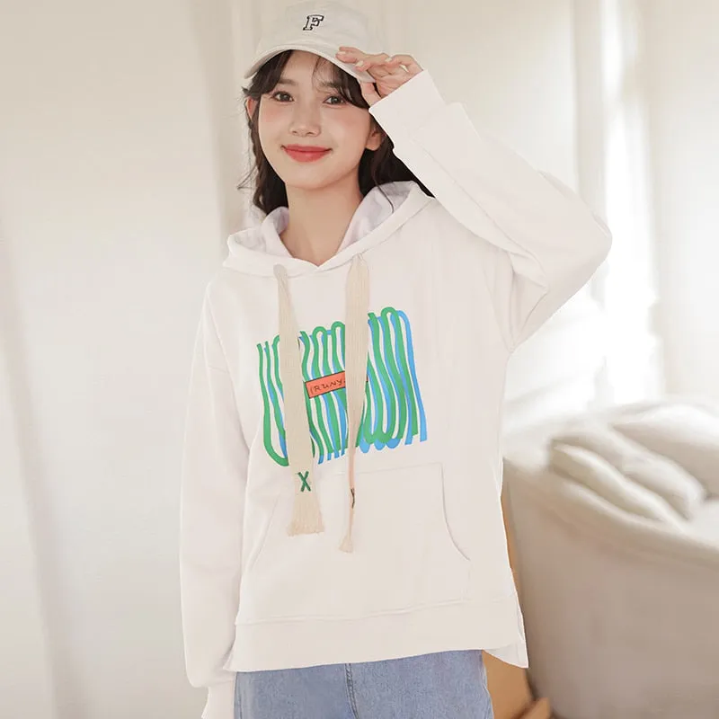 Korean Loose Printing Short Hooded Sweater