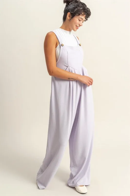 Lavender Pleated Wide-Leg Overalls with Front Pocket