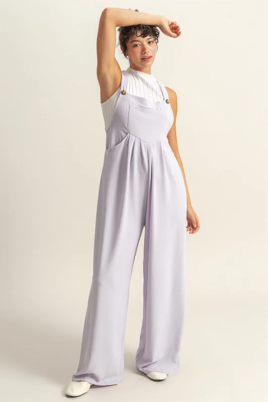 Lavender Pleated Wide-Leg Overalls with Front Pocket