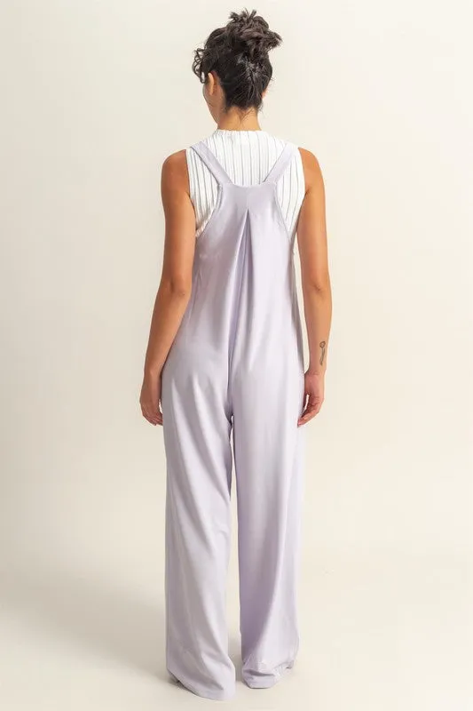 Lavender Pleated Wide-Leg Overalls with Front Pocket