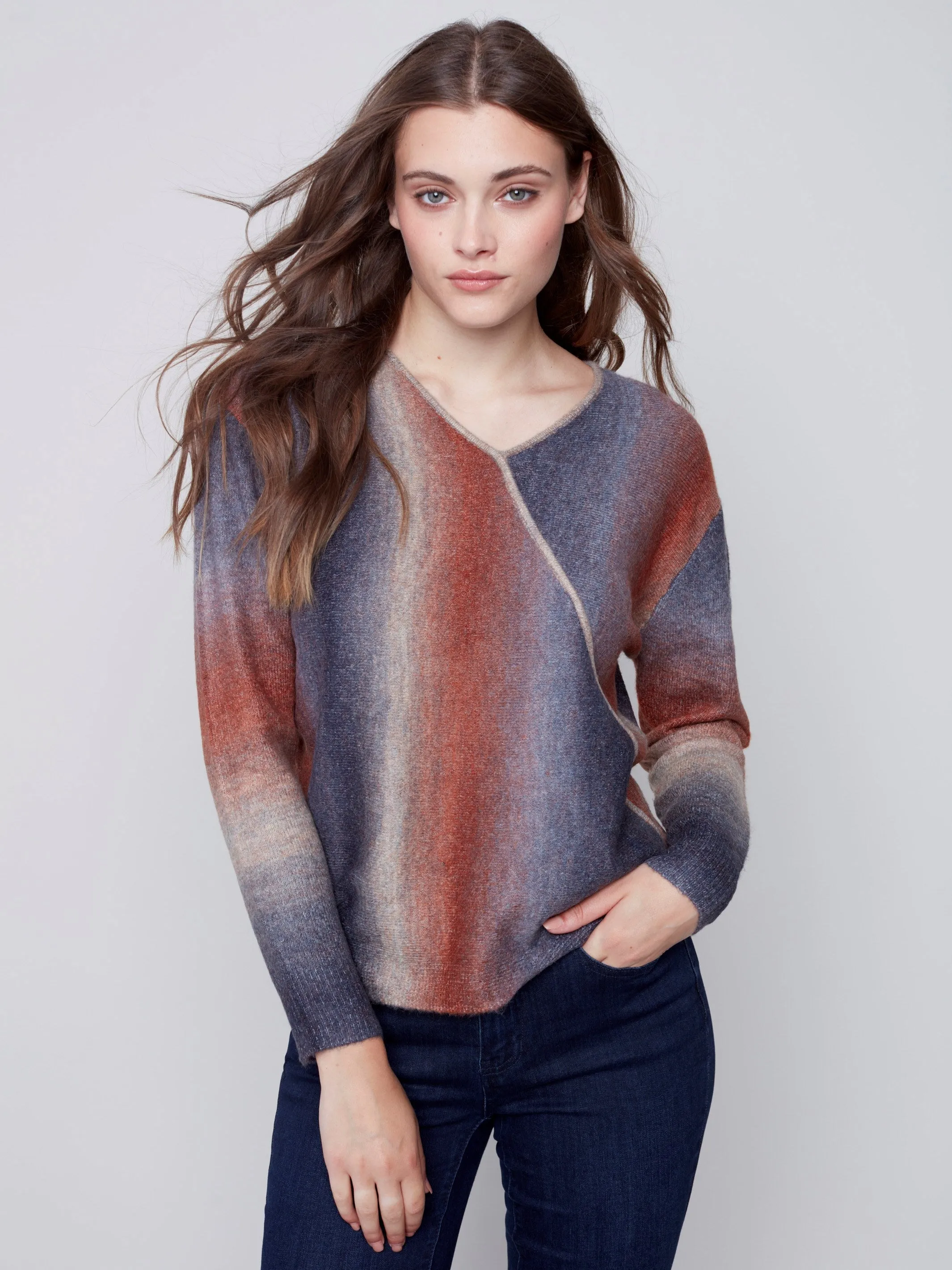 Ombré Knit V-Neck Wrap Sweater - Port