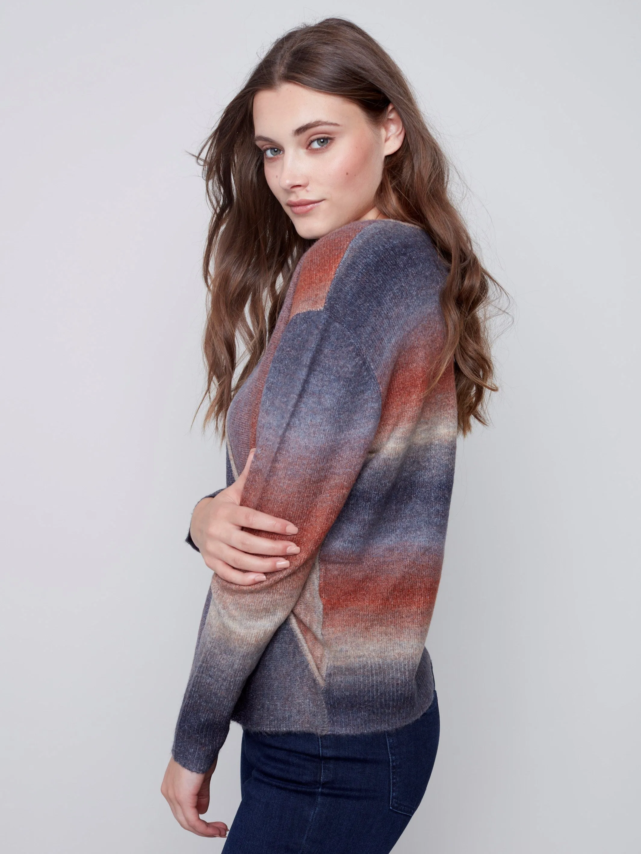 Ombré Knit V-Neck Wrap Sweater - Port