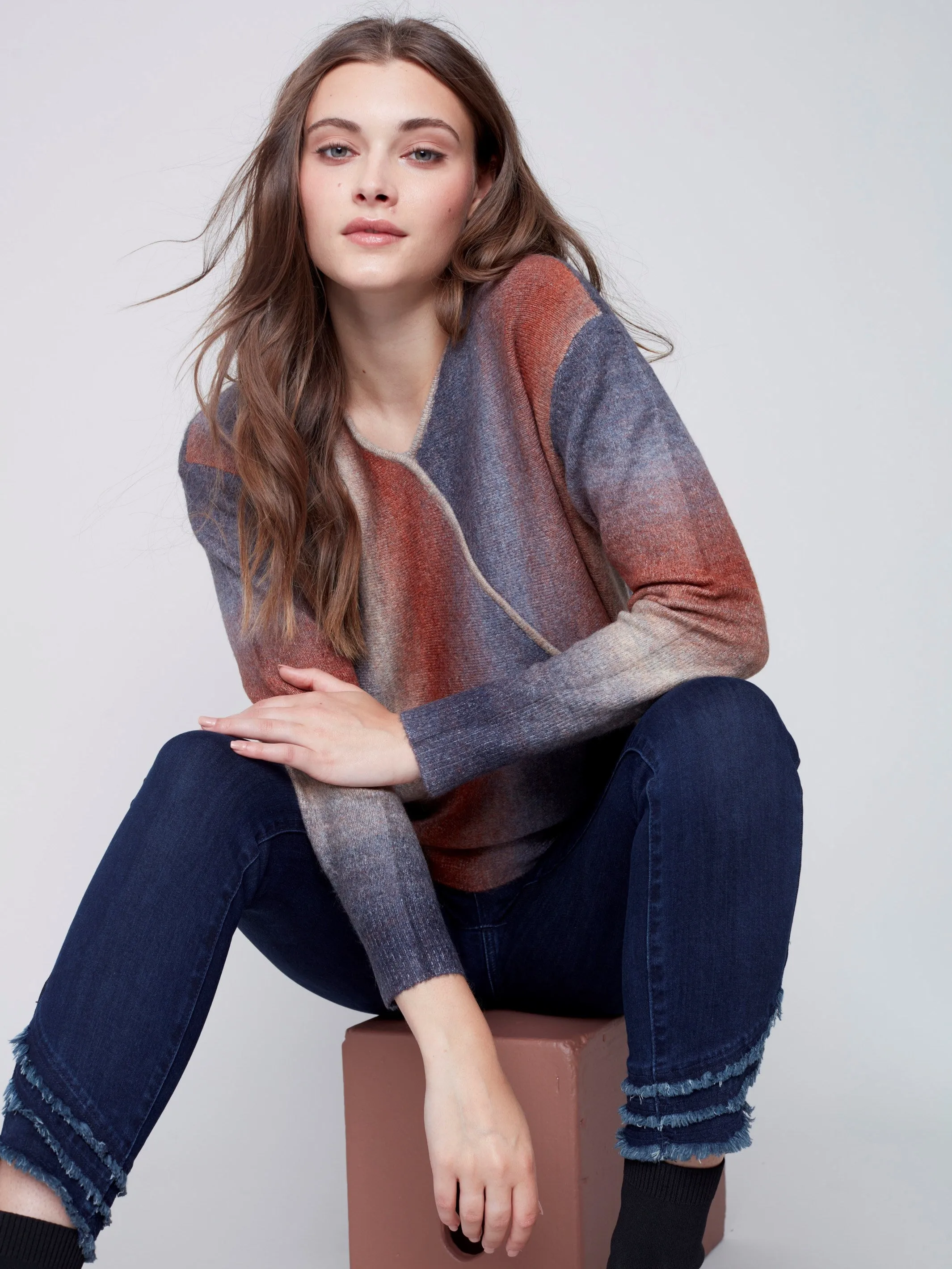 Ombré Knit V-Neck Wrap Sweater - Port