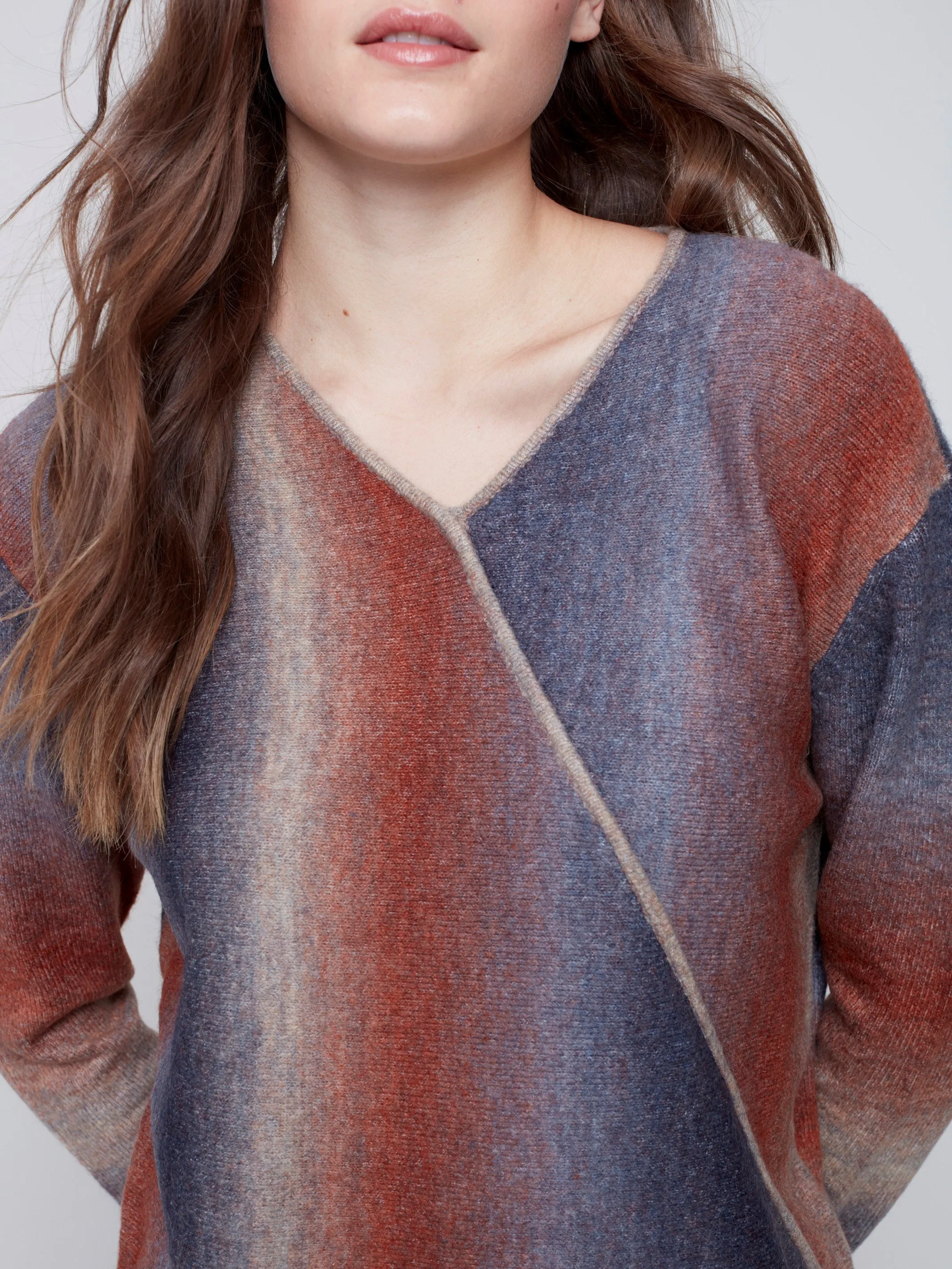 Ombré Knit V-Neck Wrap Sweater - Port