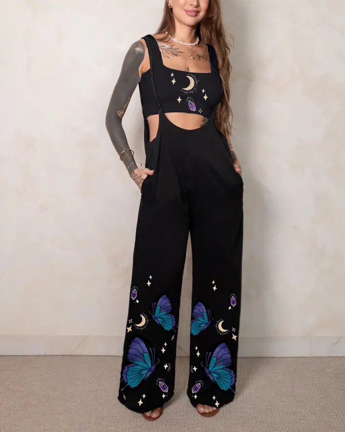 Purple Fairyland Butterfly God and Purple Diamond Printed Overalls Two-Piece Set
