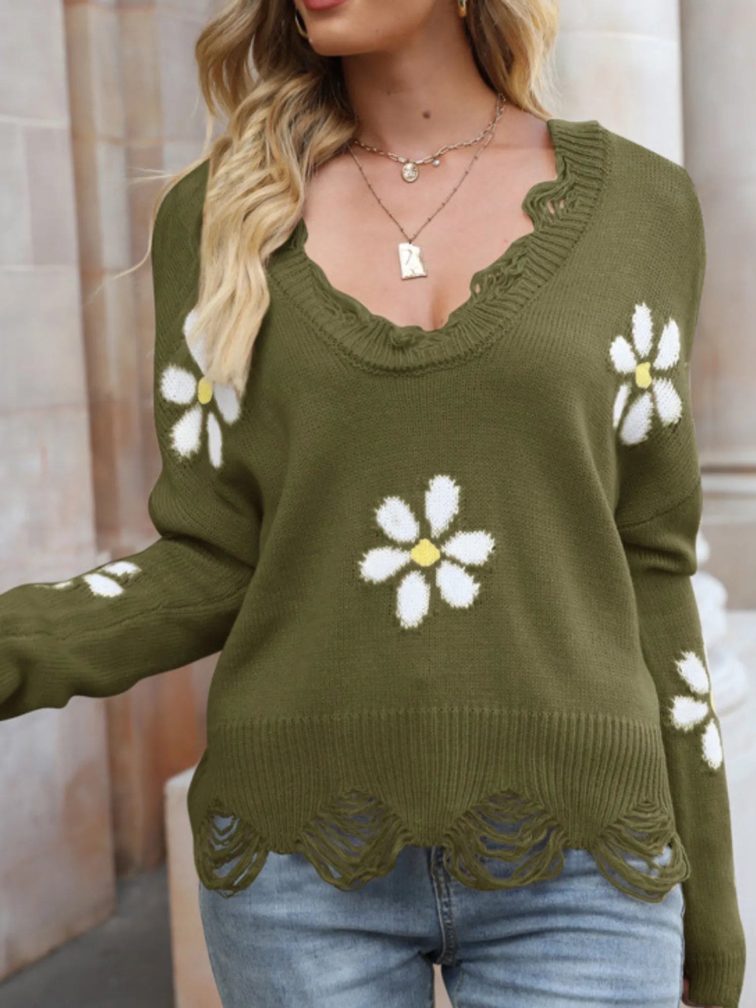 'Raina' V-neck Floral Printed Distressed Sweater (4 Colors)