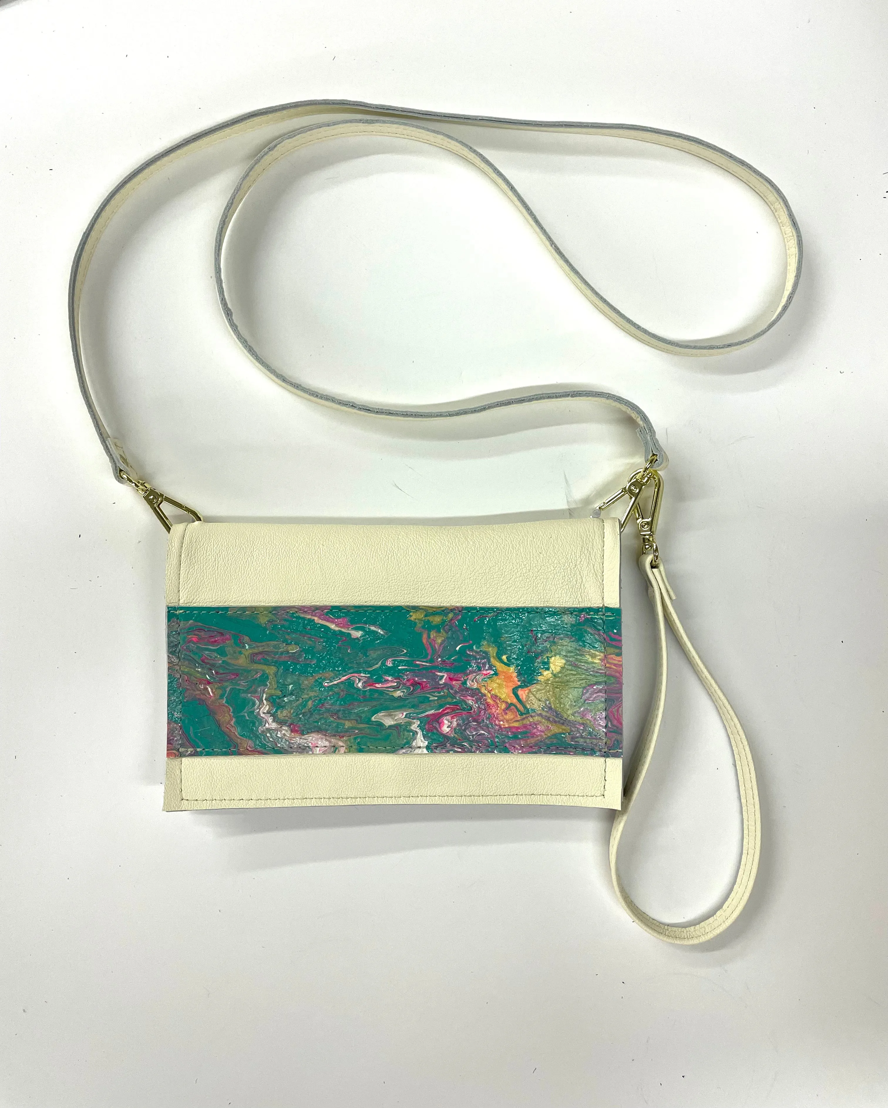 Small Crossbody Kaleidoscope cream with green, pinks, and yellows
