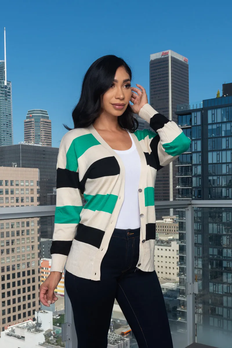 Striped V-Neck Front Buttons Knit Cardigan* (117599)