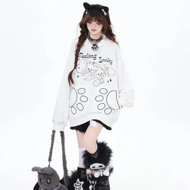 Sweet Girl Style Cartoon Line Bunny Print Hooded Sweatshirt