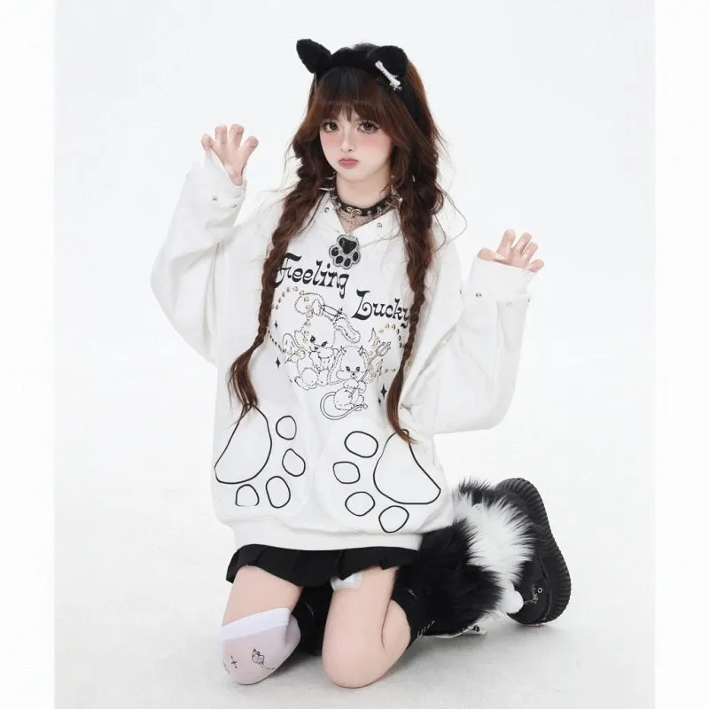 Sweet Girl Style Cartoon Line Bunny Print Hooded Sweatshirt