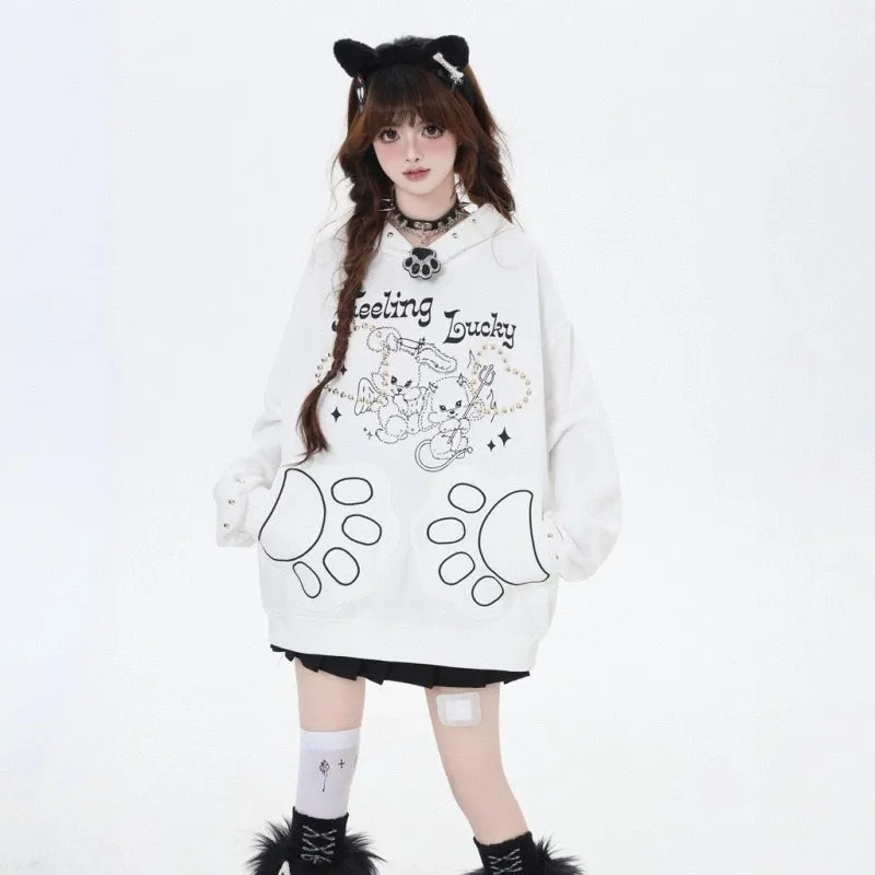 Sweet Girl Style Cartoon Line Bunny Print Hooded Sweatshirt