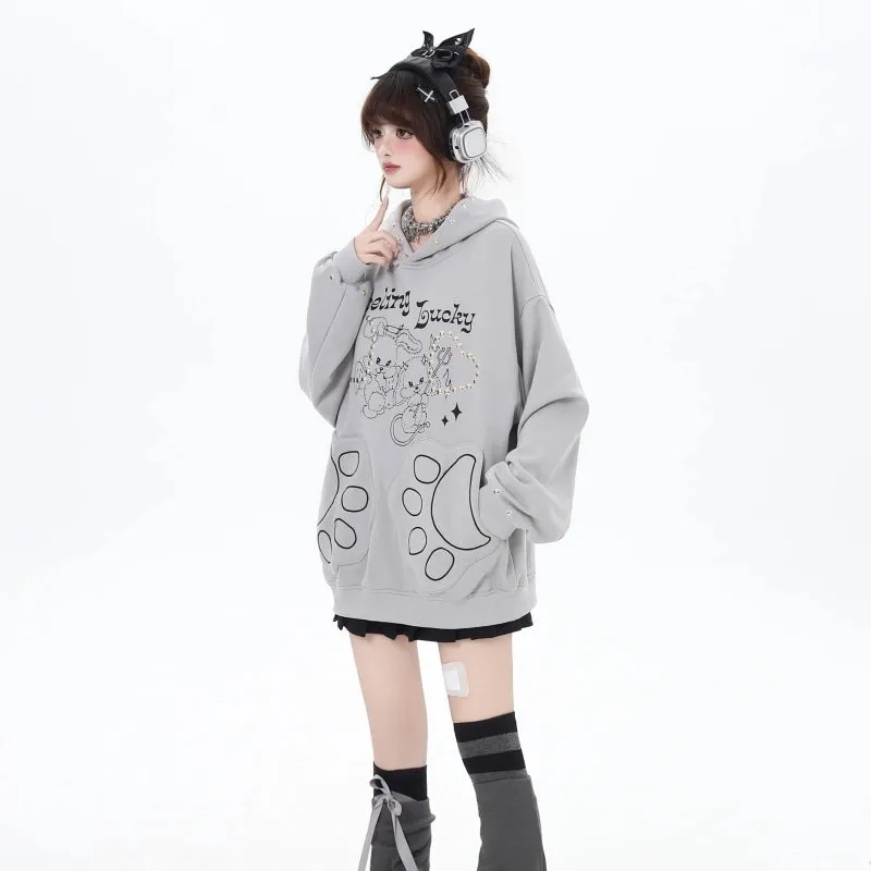 Sweet Girl Style Cartoon Line Bunny Print Hooded Sweatshirt
