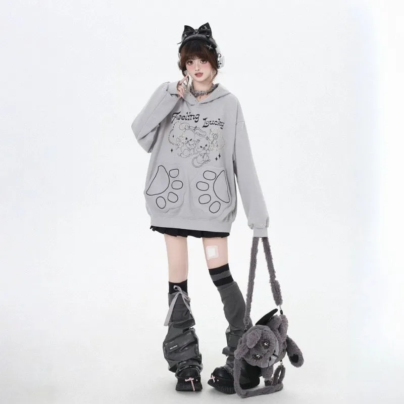 Sweet Girl Style Cartoon Line Bunny Print Hooded Sweatshirt
